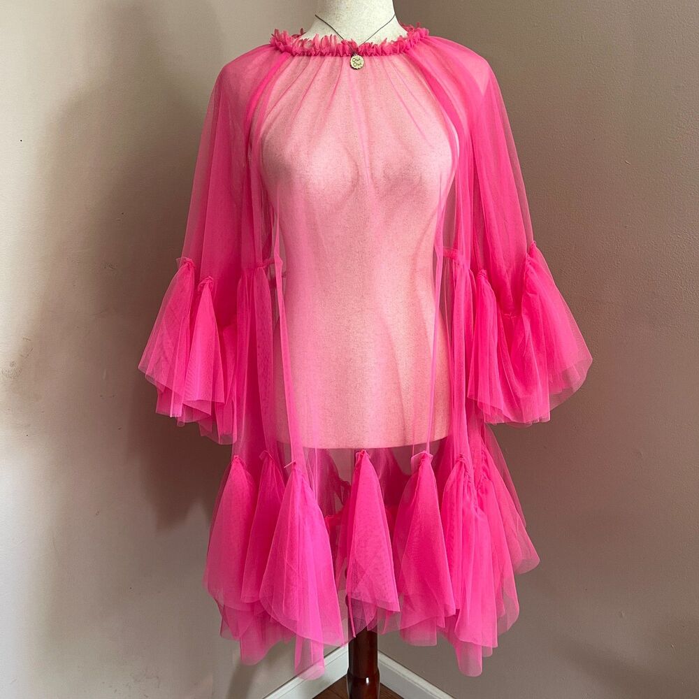 Maeve Anthropologie Pink Tulle Ruffle Sheer Top Statement Overlay Dress NWT L XL